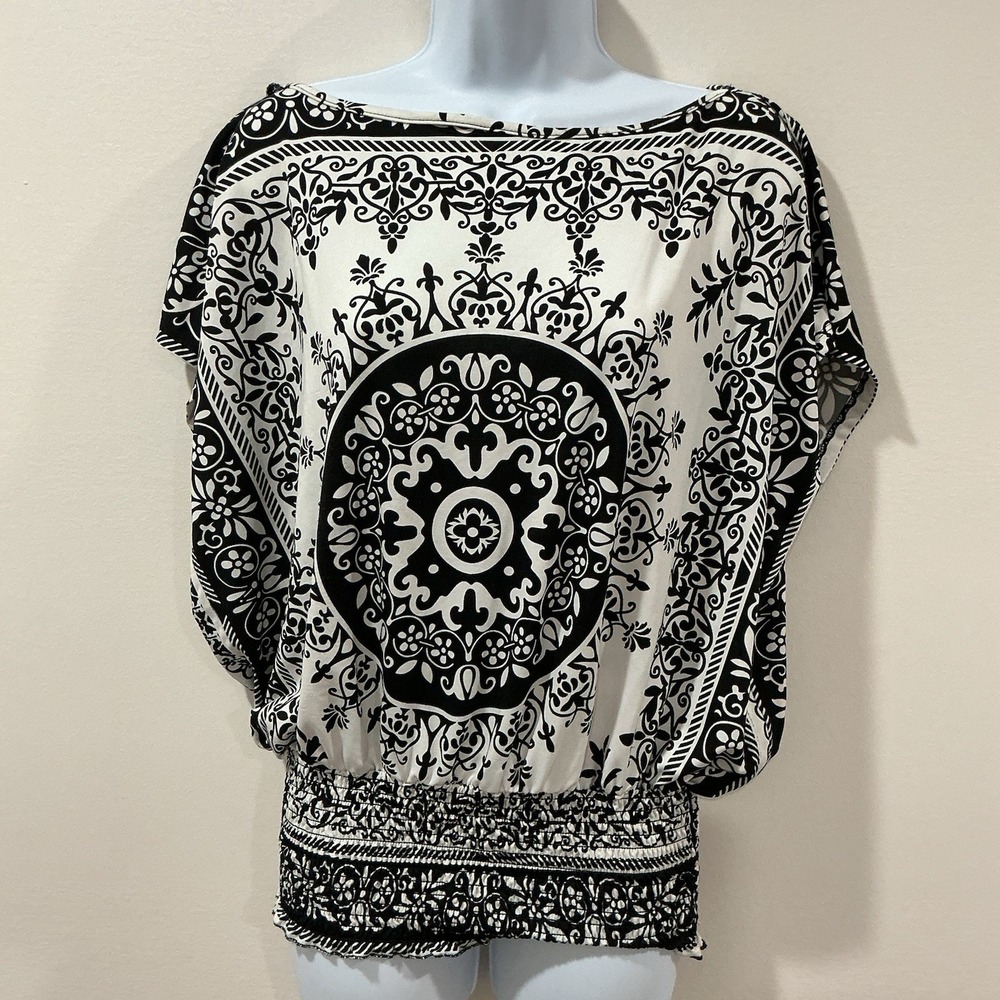 Robert Louis Black White Medallion Boho Ethnic Floral Peasant Tunic Top Size M